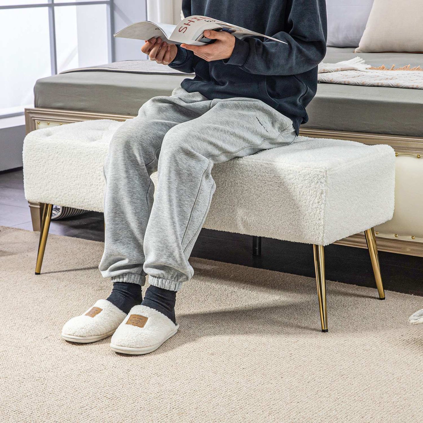Cream covered bench - Lamb's wool look, steel legs