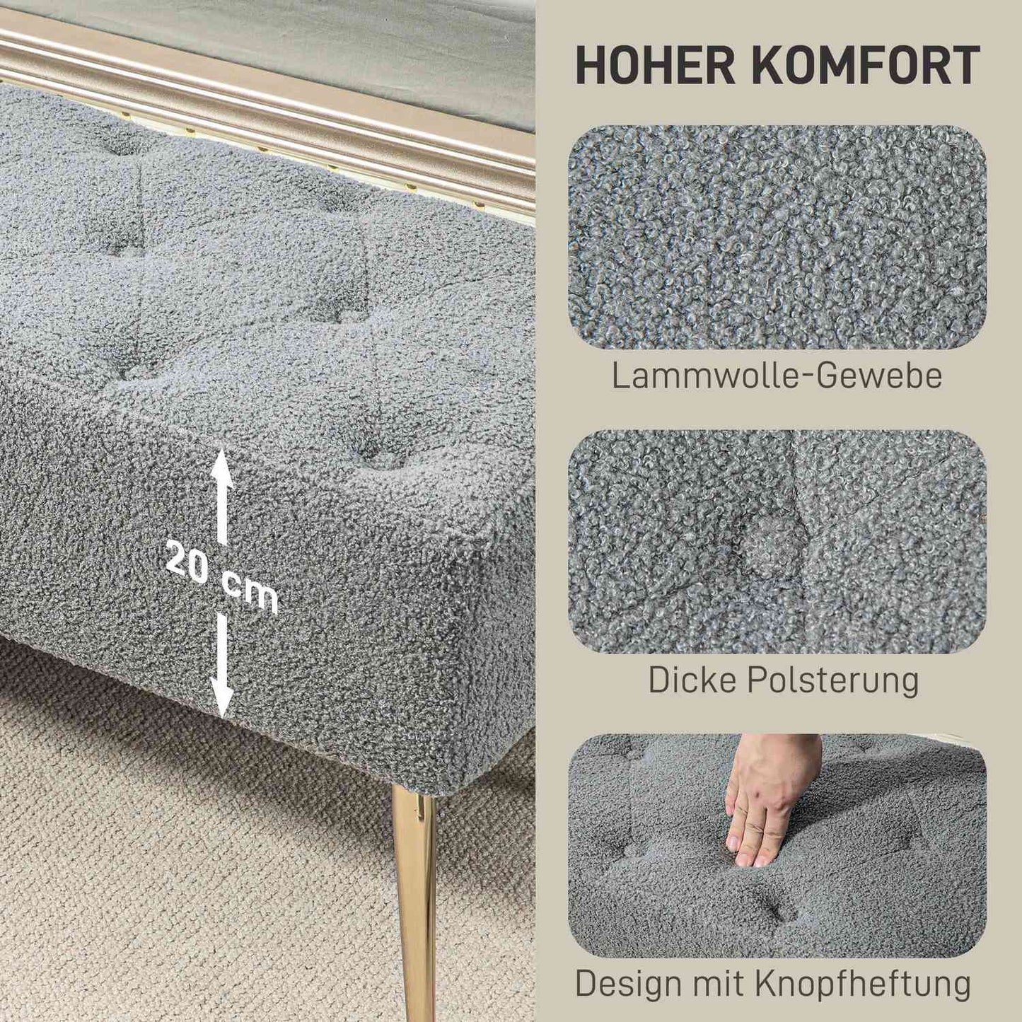 Upholstered Gray bench with tufted buttons, 112x41x46 cm