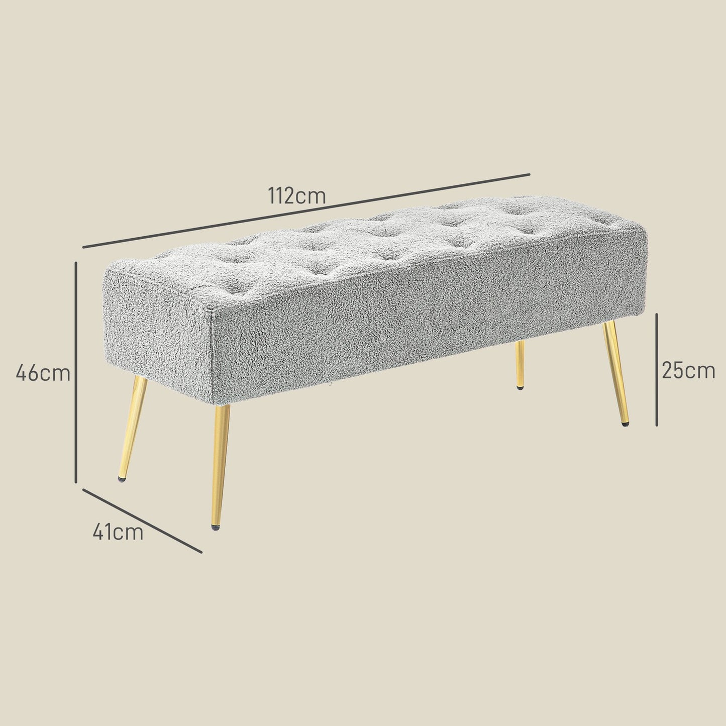 Upholstered Gray bench with tufted buttons, 112x41x46 cm