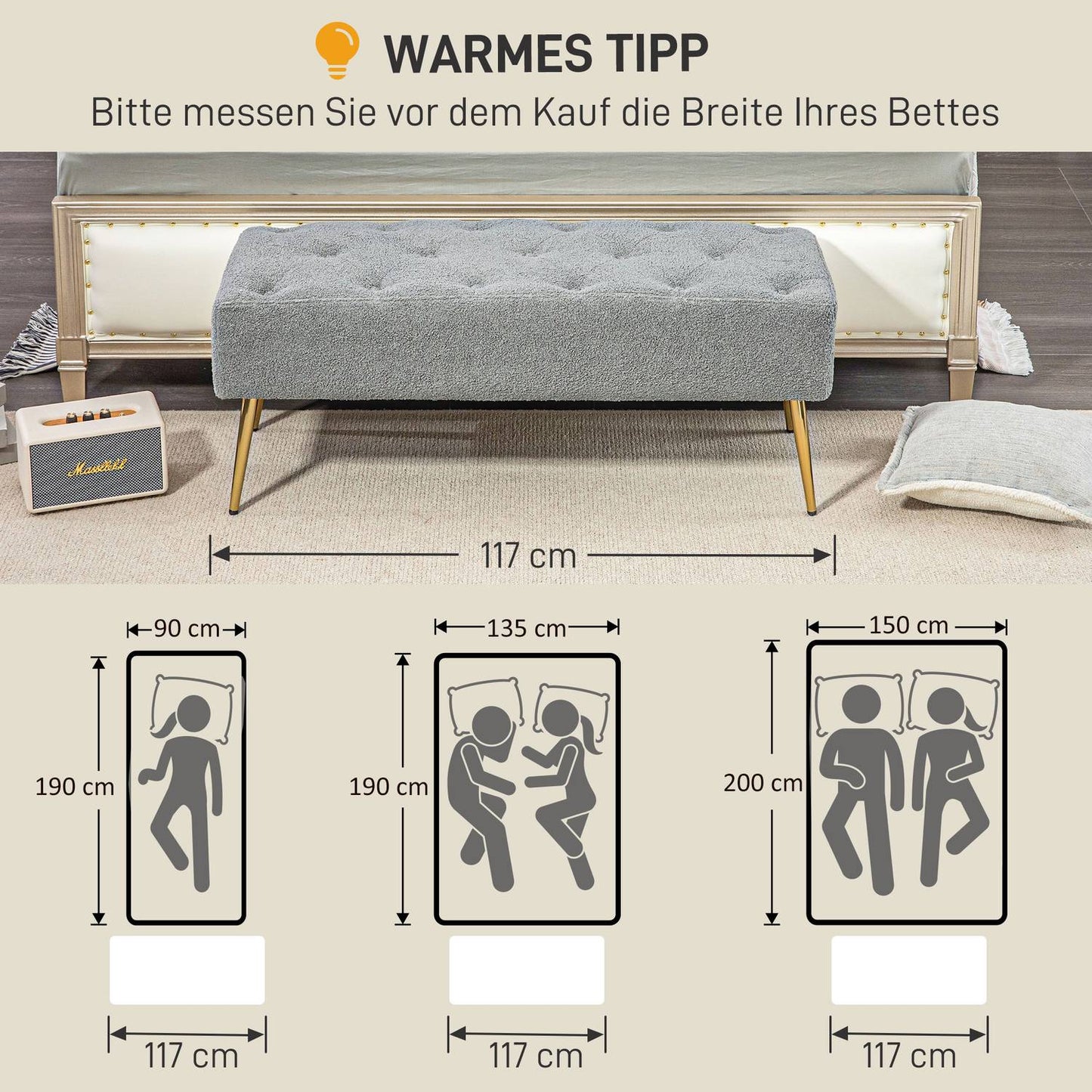 Upholstered Gray bench with tufted buttons, 112x41x46 cm