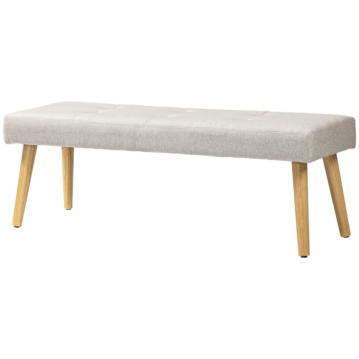 Cream-covered bench with wooden legs, 120 x 41 x 43 cm