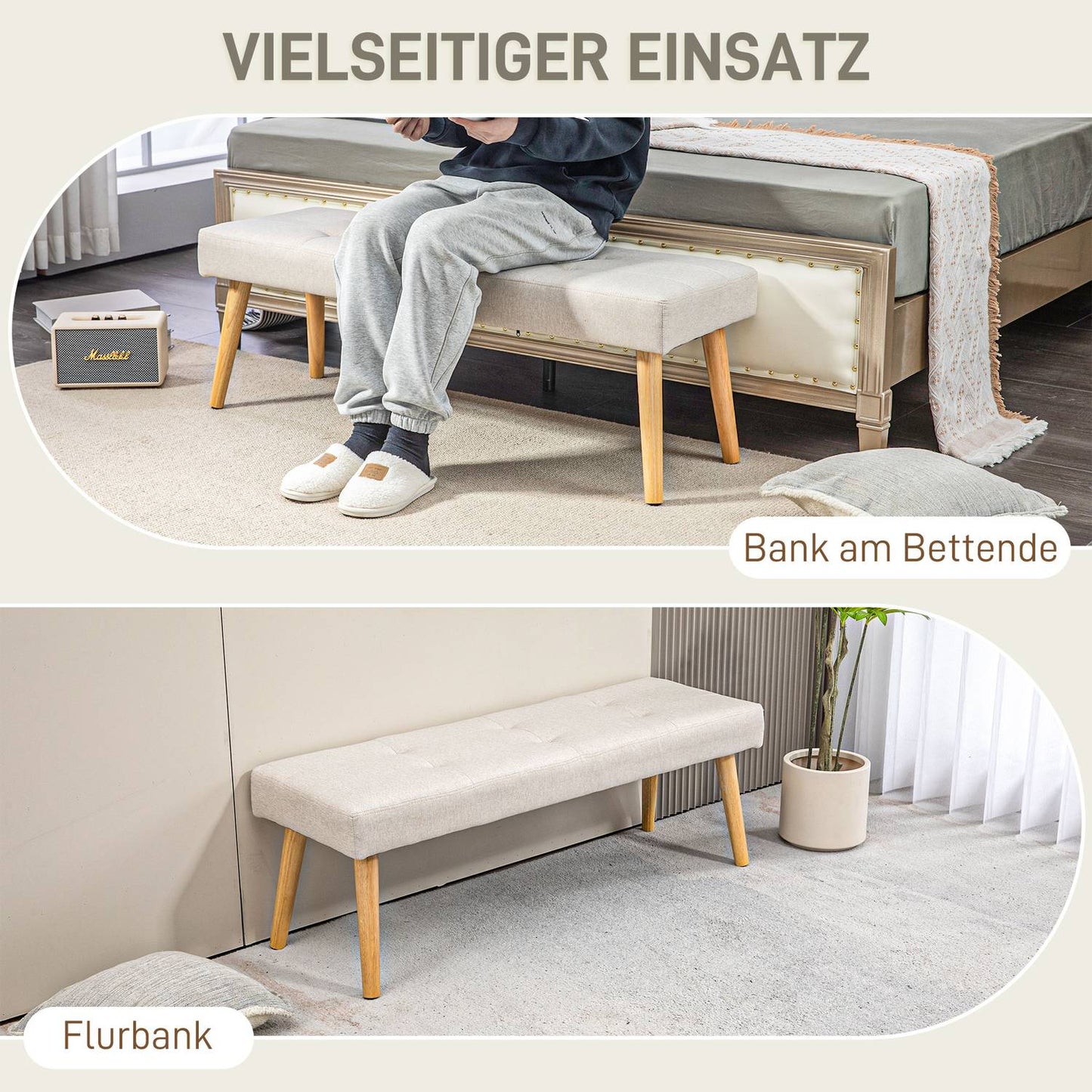Cream-covered bench with wooden legs, 120 x 41 x 43 cm