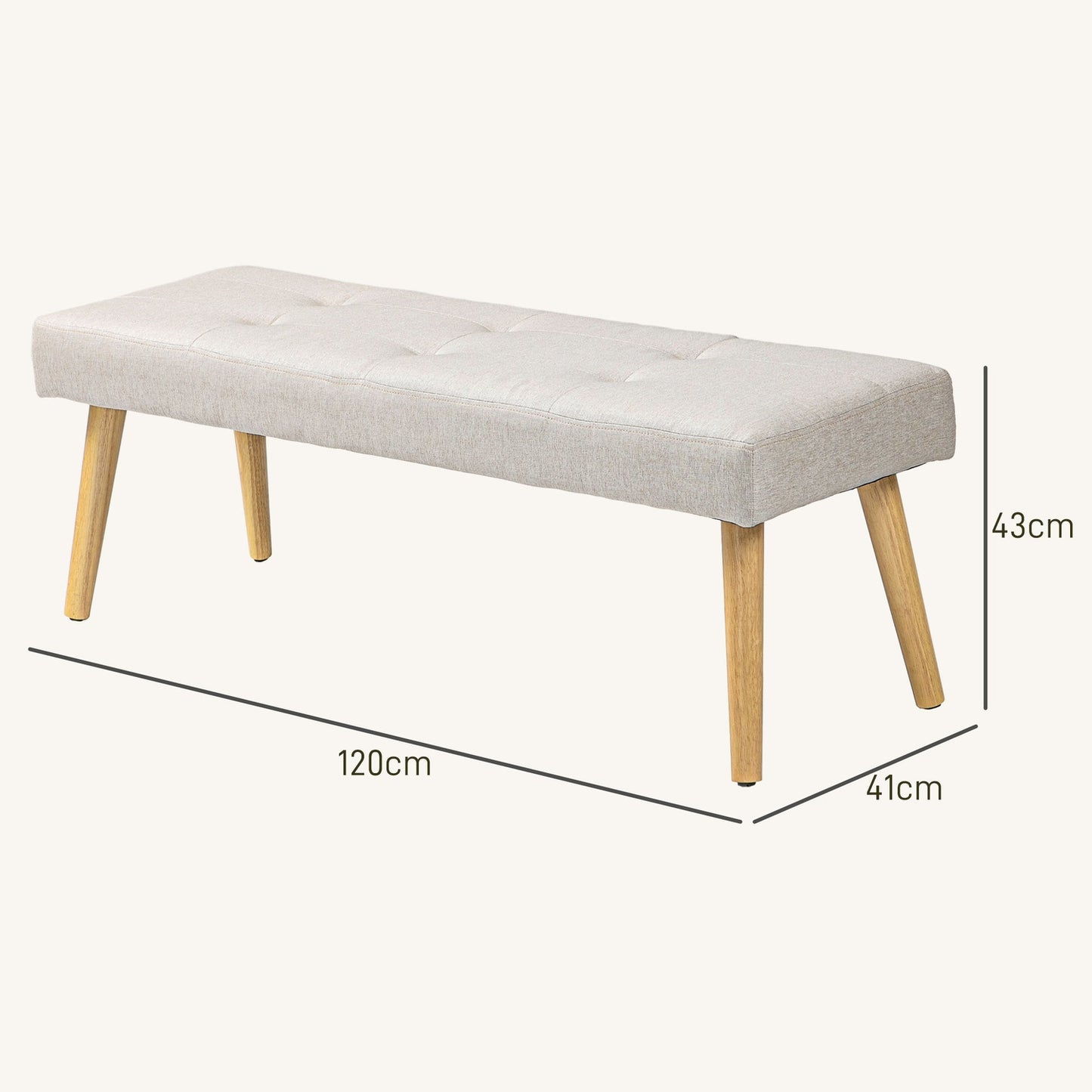Cream-covered bench with wooden legs, 120 x 41 x 43 cm
