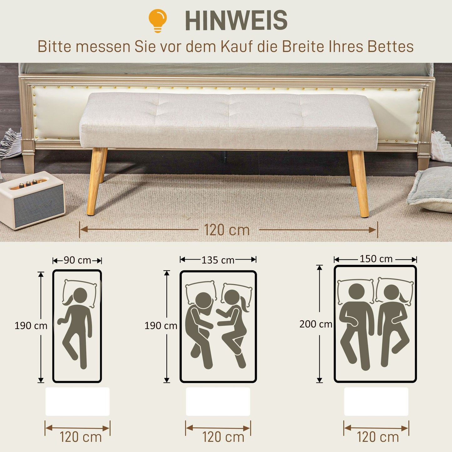Cream-covered bench with wooden legs, 120 x 41 x 43 cm