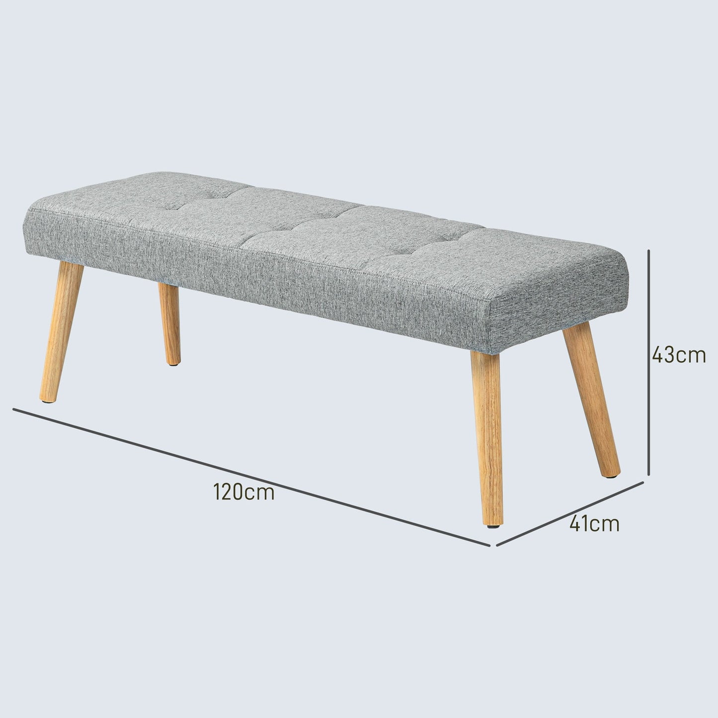 Gray upholstered bench with button seams, 120x41x43 cm