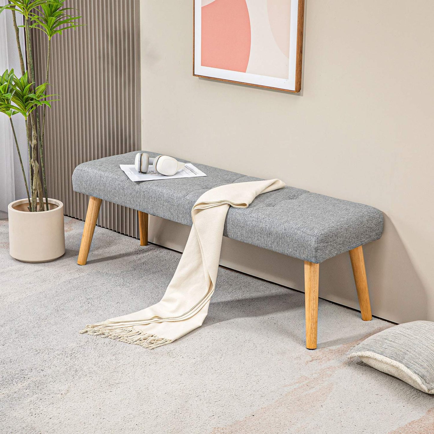 Gray upholstered bench with button seams, 120x41x43 cm