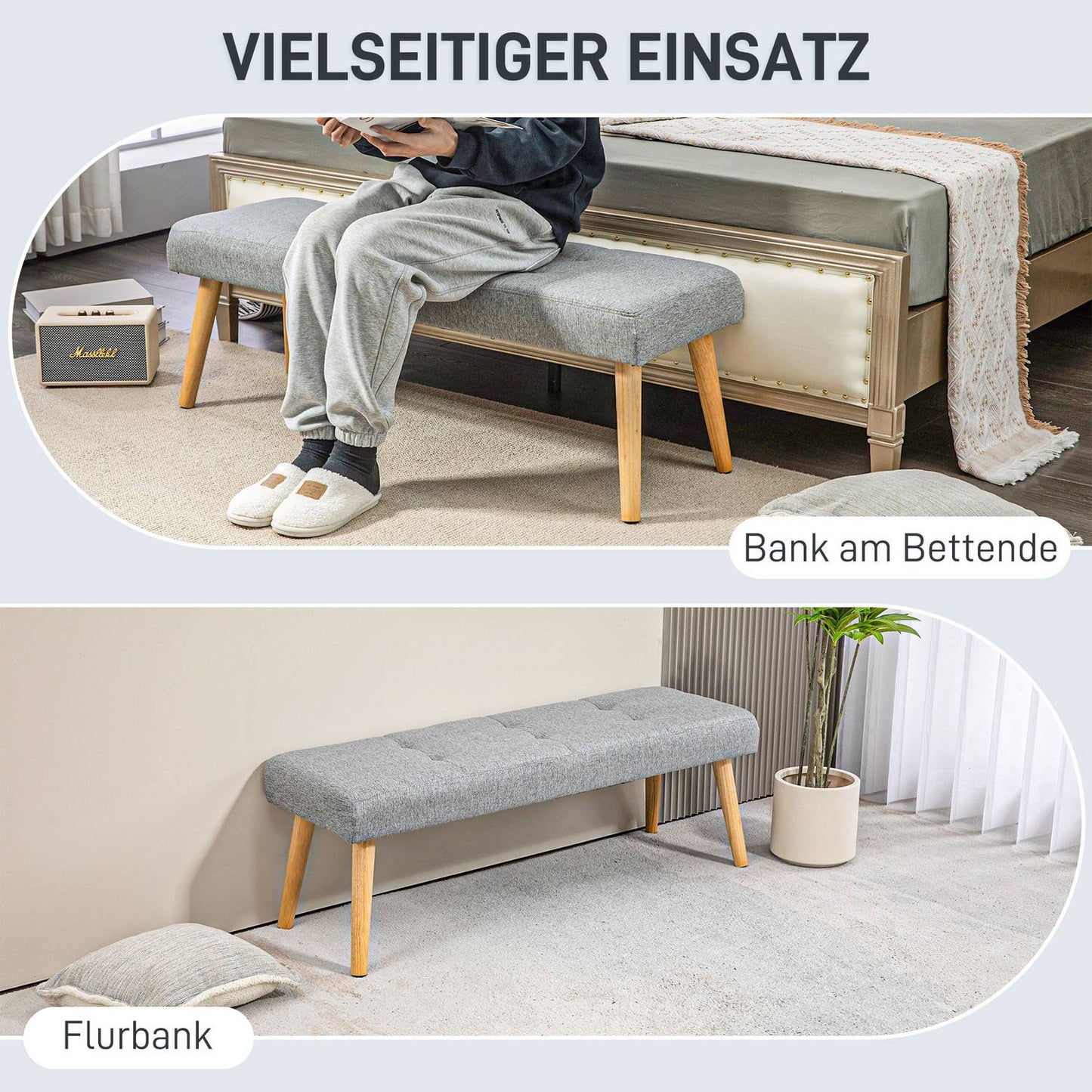Gray upholstered bench with button seams, 120x41x43 cm