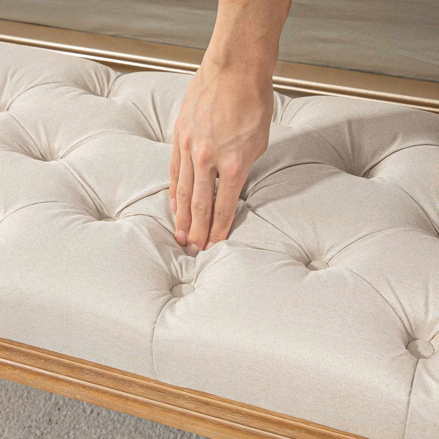 Upholstered bench with wooden legs, 120x41x48 cm, cream