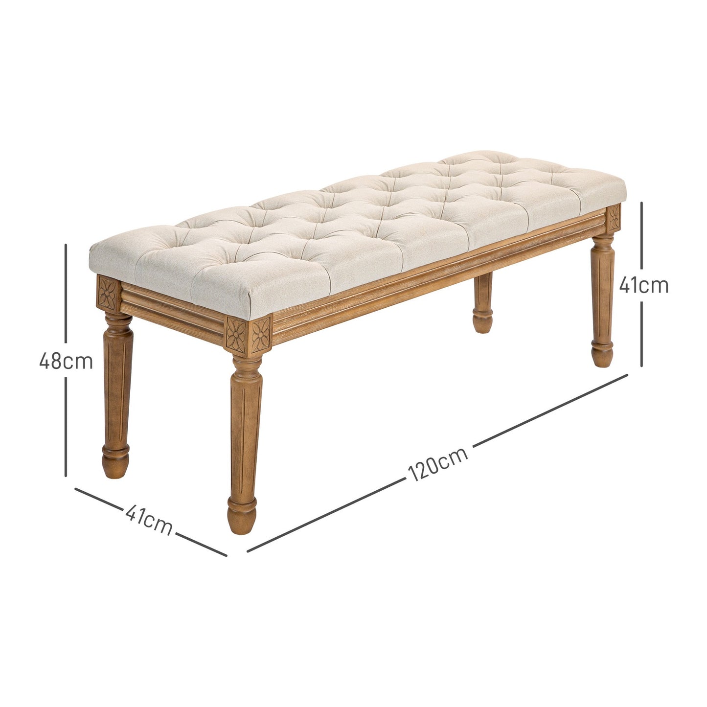 Upholstered bench with wooden legs, 120x41x48 cm, cream