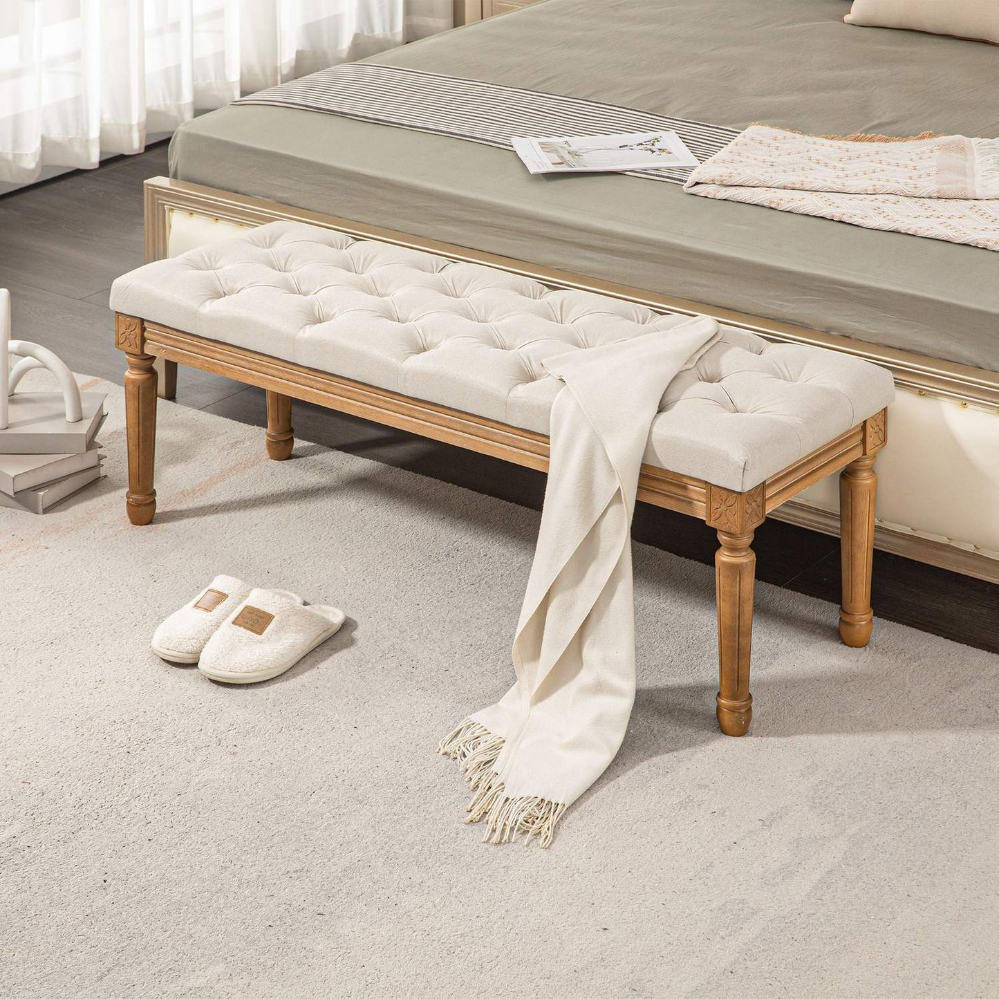 Upholstered bench with wooden legs, 120x41x48 cm, cream