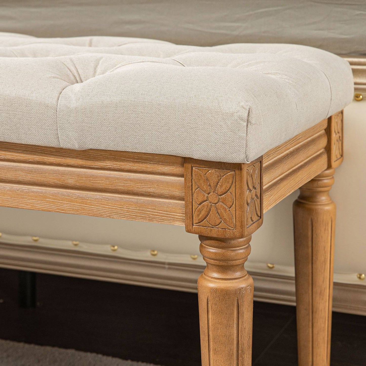 Upholstered bench with wooden legs, 120x41x48 cm, cream