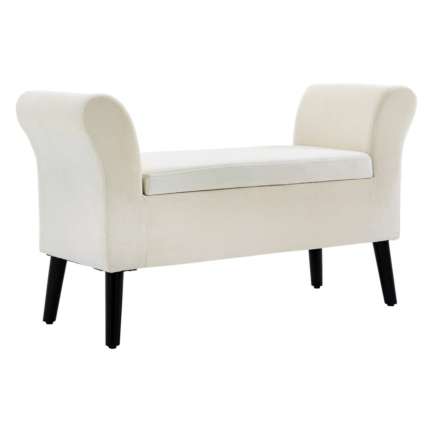 Creamy white velvet upholstered bench with storage space