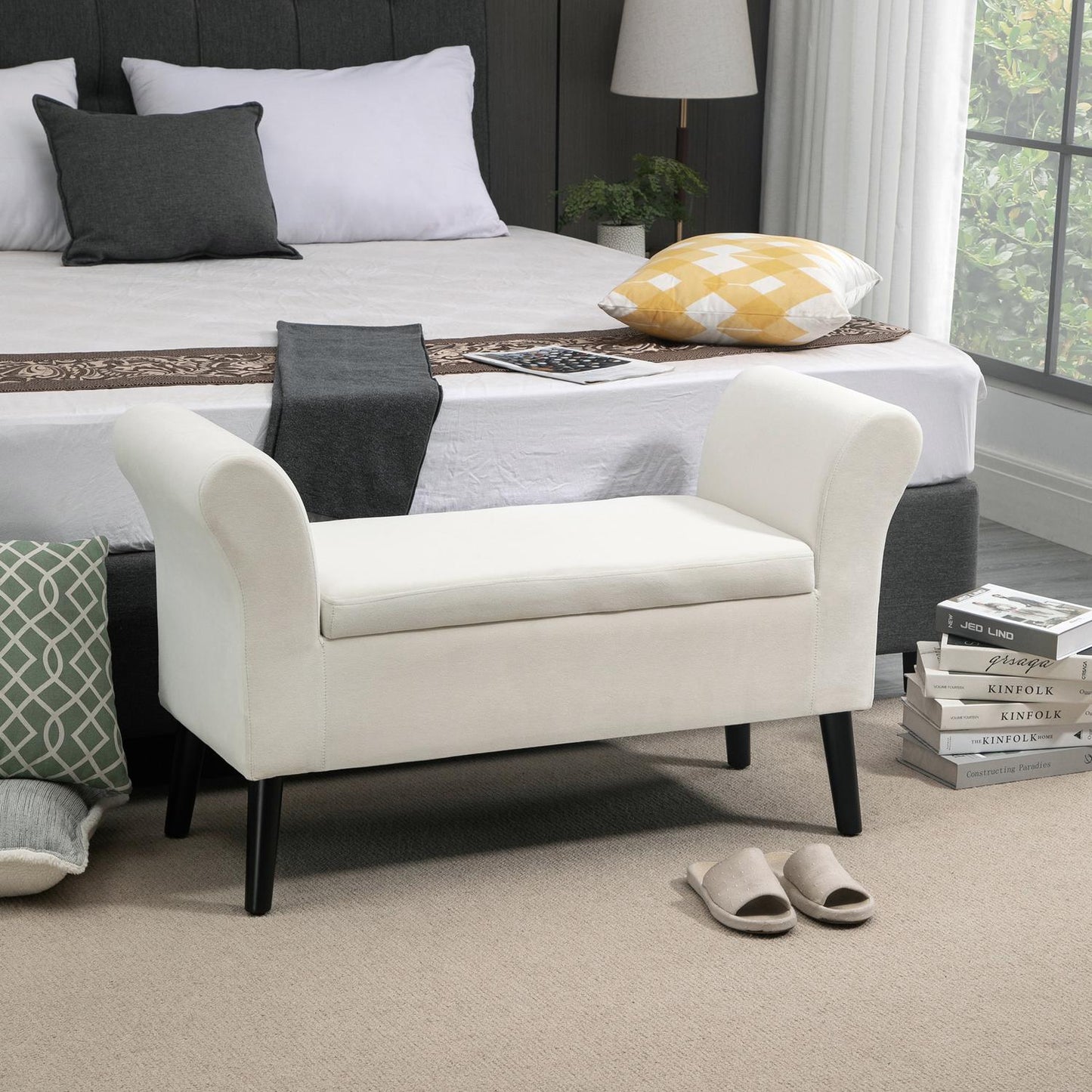 Creamy white velvet upholstered bench with storage space