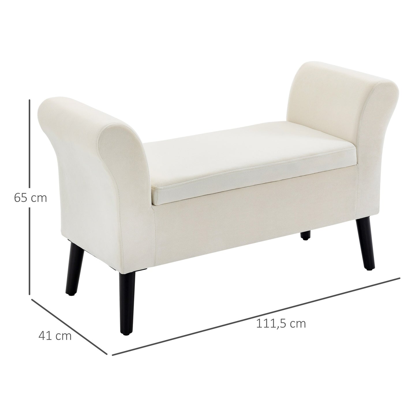 Creamy white velvet upholstered bench with storage space