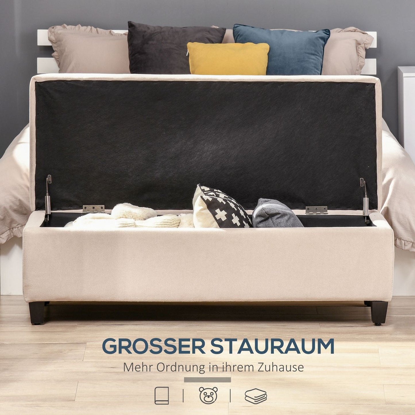 Upholstered storage bench - linen look, beige