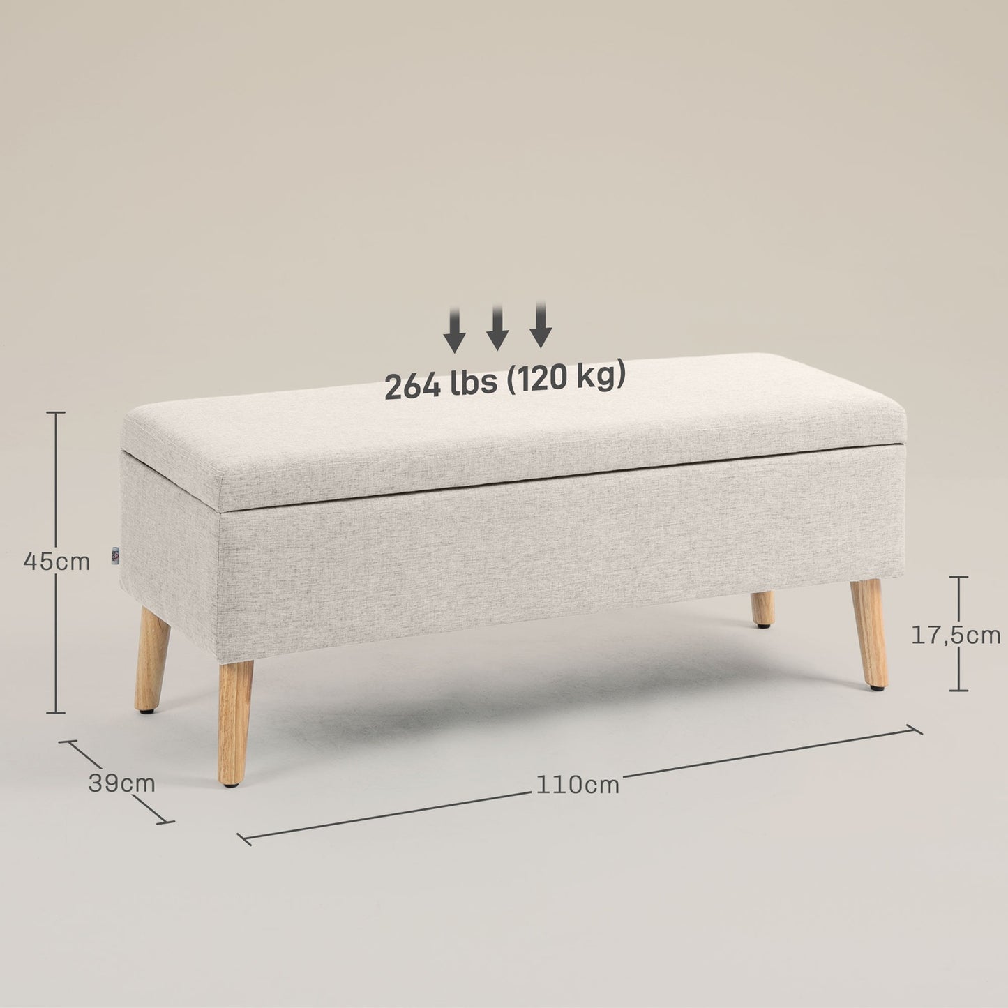 Beige upholstered storage bench - linen look, 110x39x45 cm