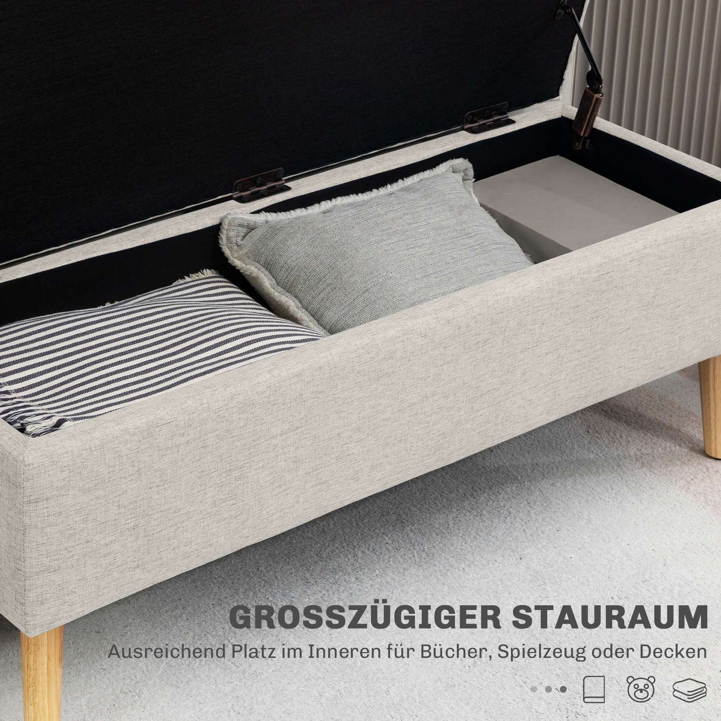 Beige upholstered storage bench - linen look, 110x39x45 cm