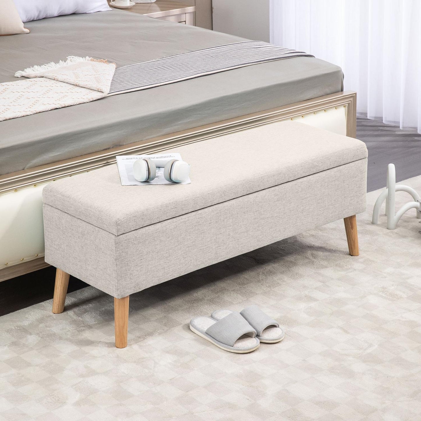 Beige upholstered storage bench - linen look, 110x39x45 cm