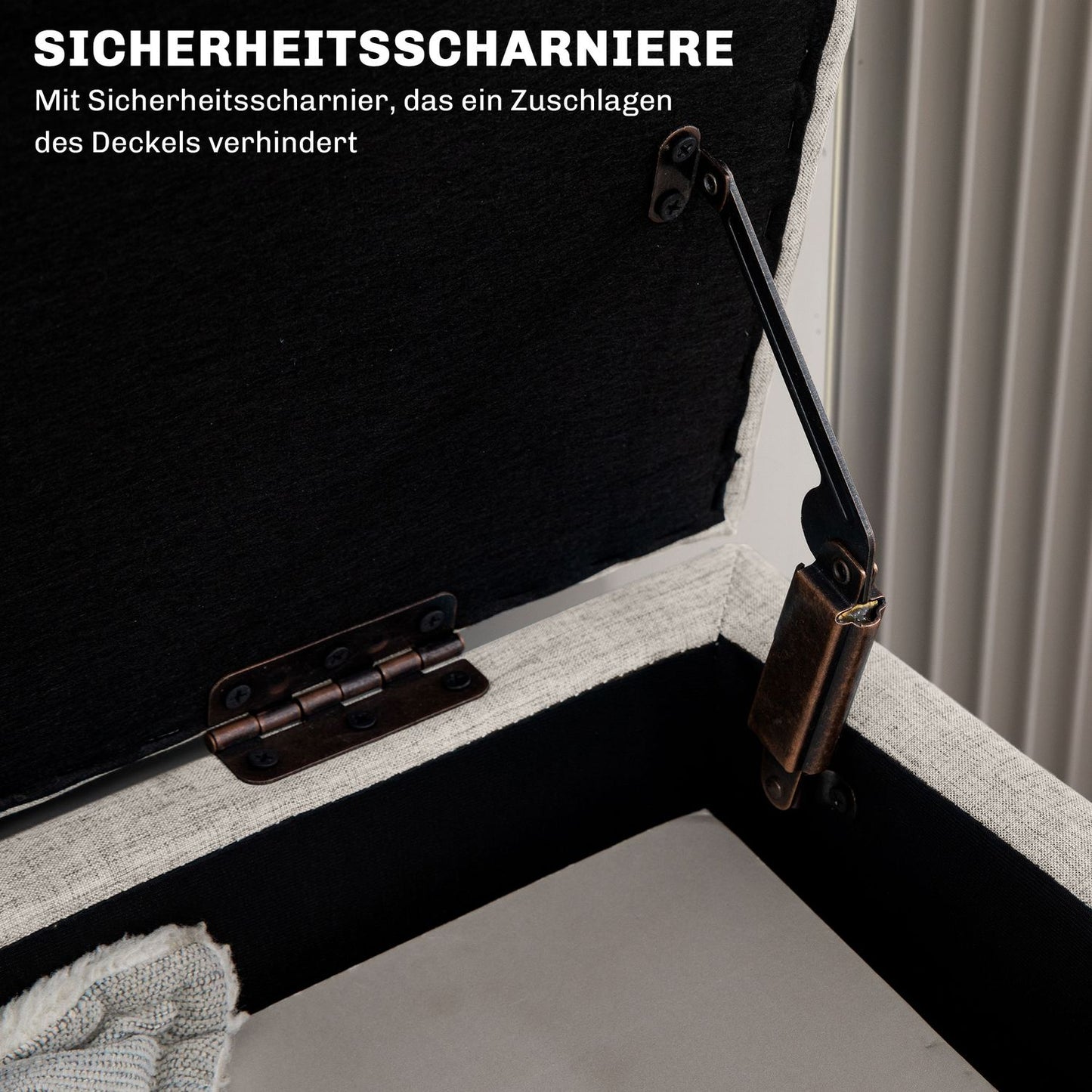 Beige upholstered storage bench - linen look, 110x39x45 cm