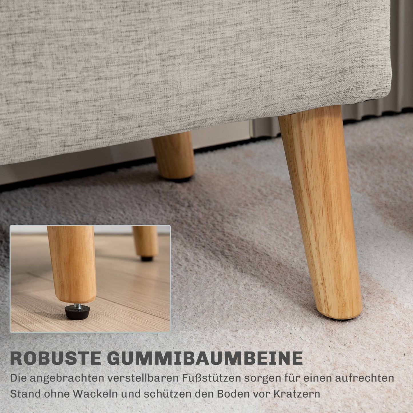 Beige upholstered storage bench - linen look, 110x39x45 cm