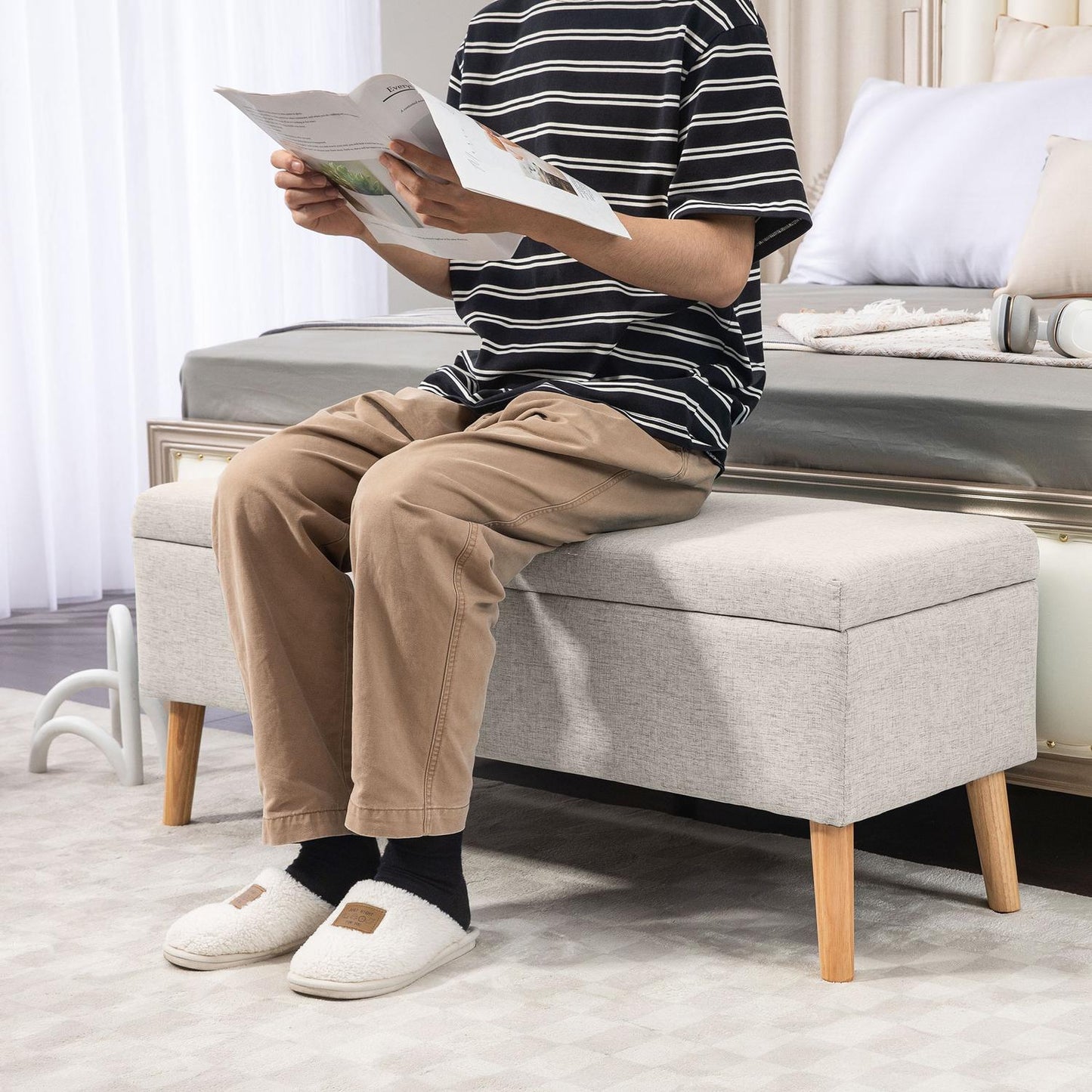 Beige upholstered storage bench - linen look, 110x39x45 cm
