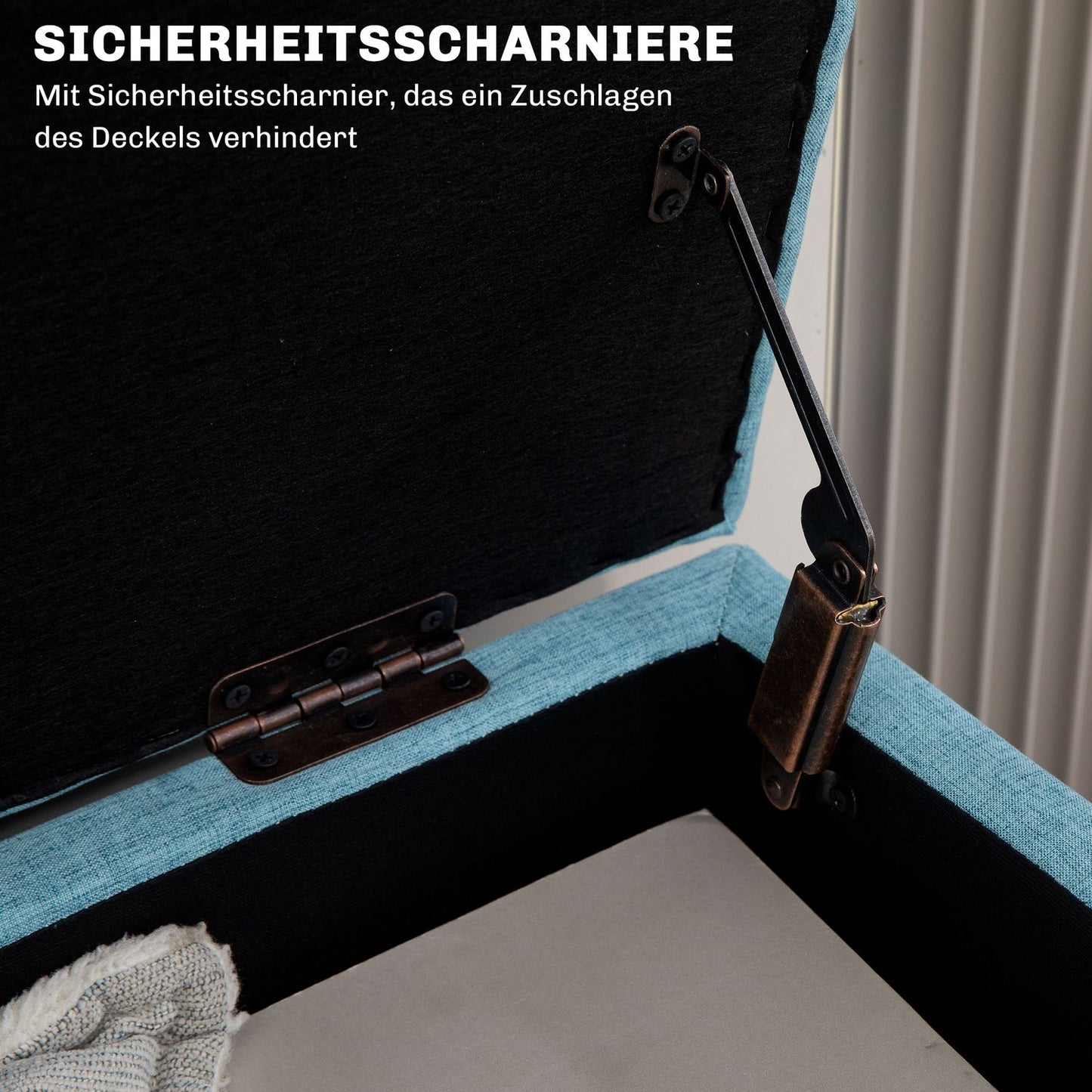 Blue upholstered bench with storage - 110 x 39 x 45 cm