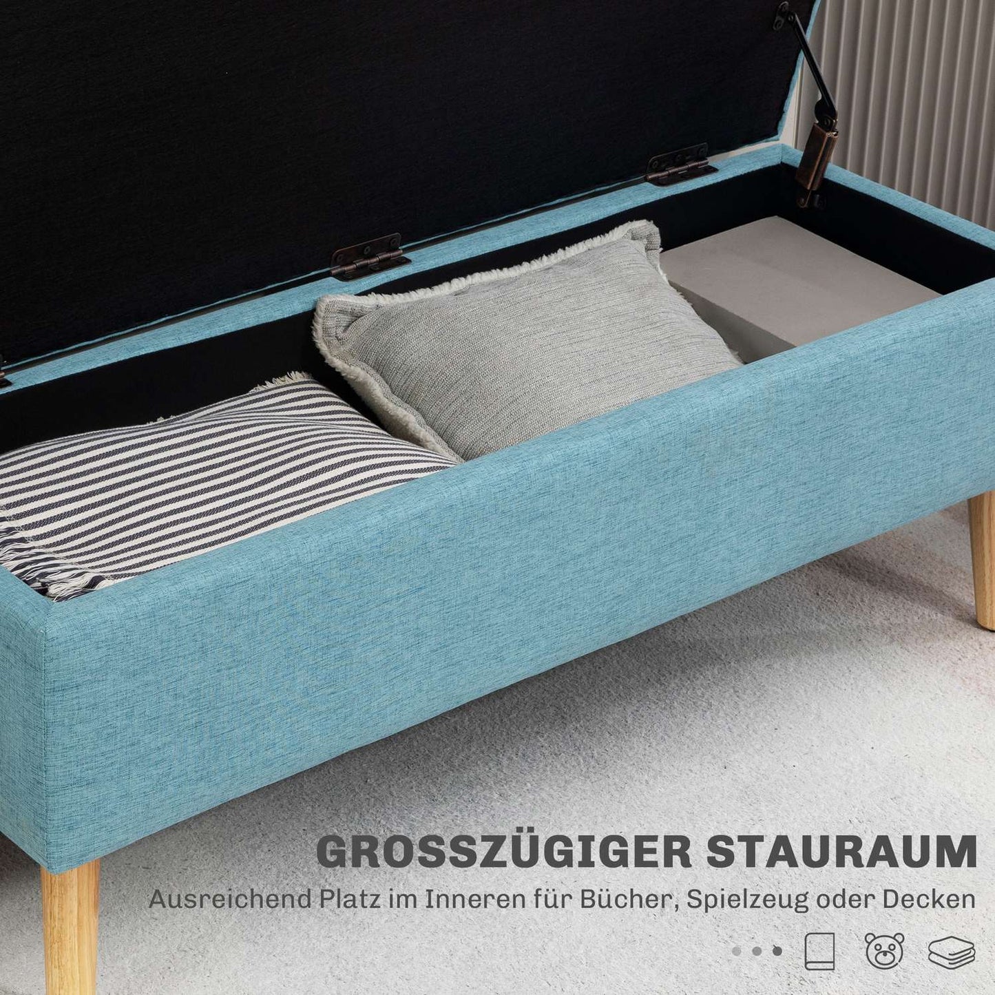 Blue upholstered bench with storage - 110 x 39 x 45 cm