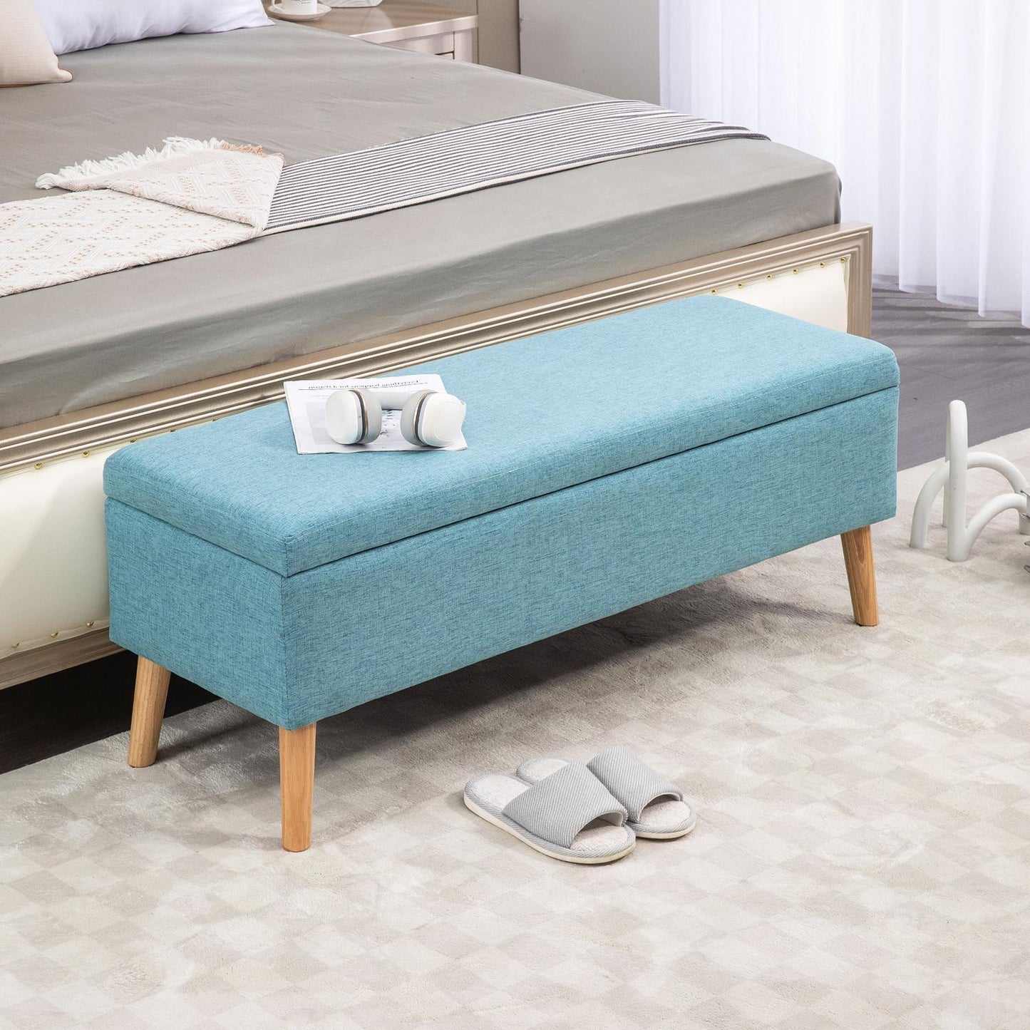 Blue upholstered bench with storage - 110 x 39 x 45 cm