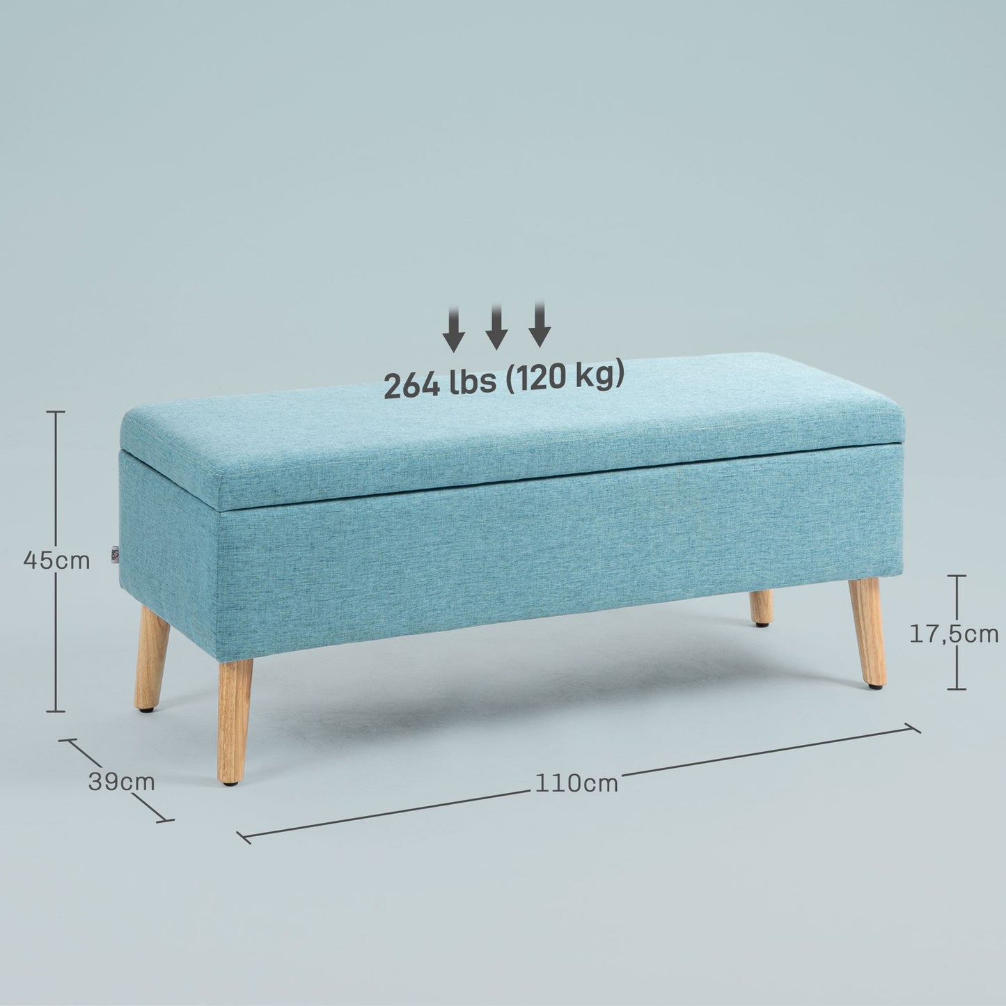 Blue upholstered bench with storage - 110 x 39 x 45 cm