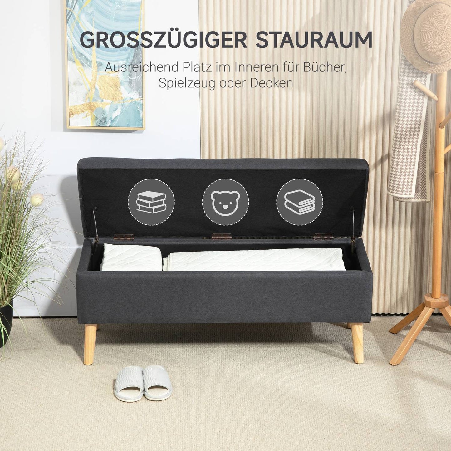 Upholstered storage bench, rubber wood, dark gray 110cm