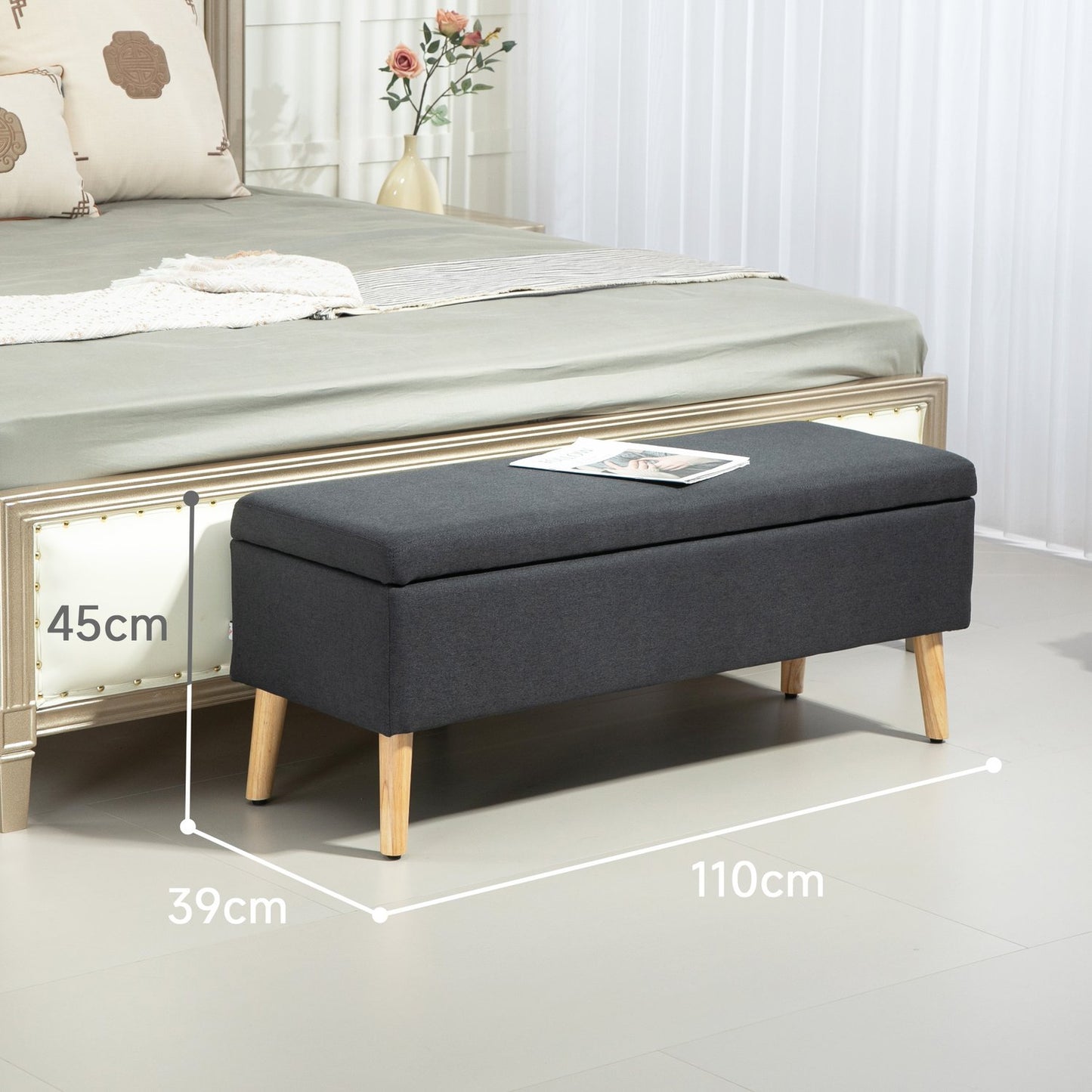 Upholstered storage bench, rubber wood, dark gray 110cm