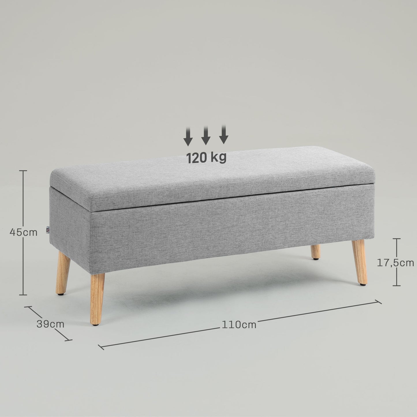 Upholstered storage bench - Gray linen look, 110x39x45 cm