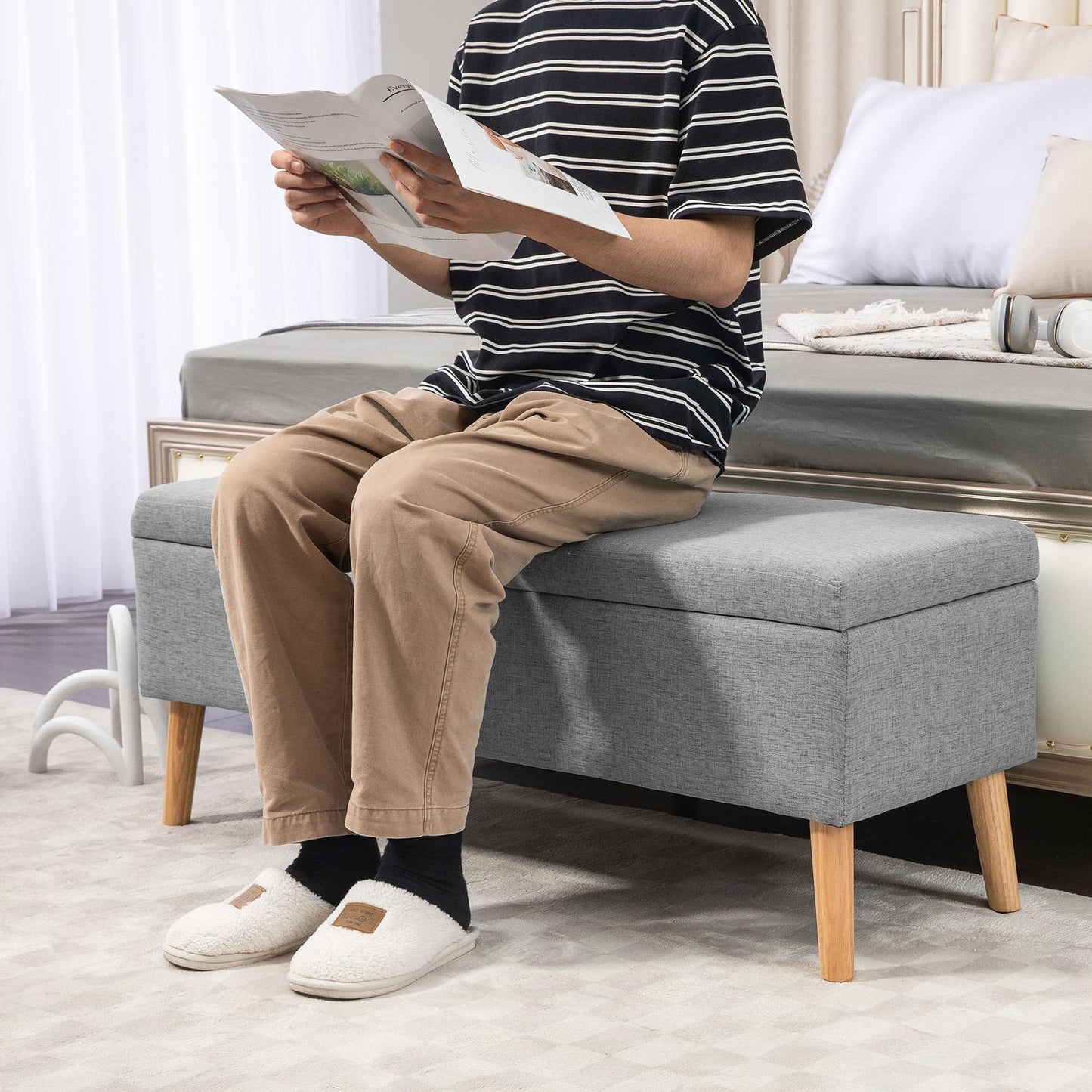 Upholstered storage bench - Gray linen look, 110x39x45 cm
