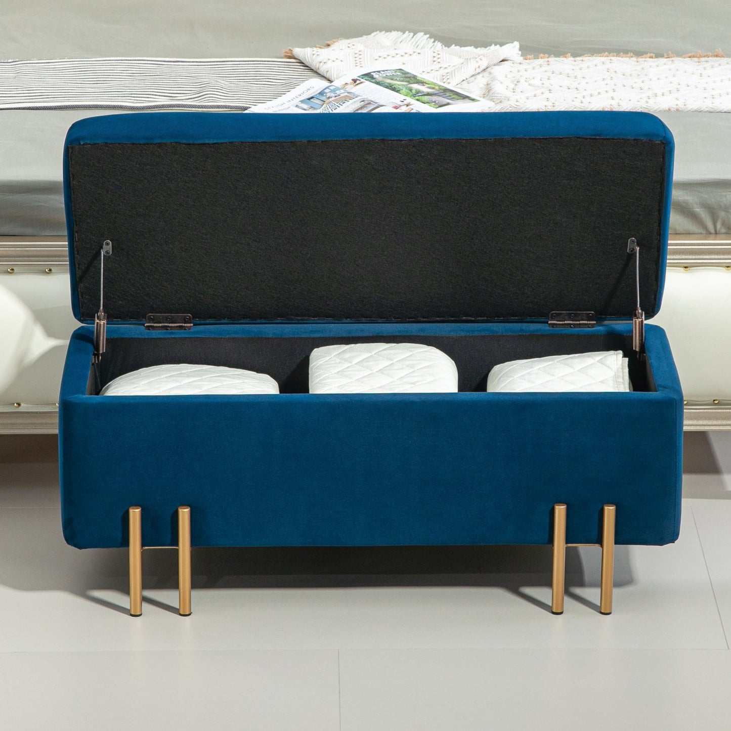 Upholstered storage bench, dark blue, 100x40x42 cm