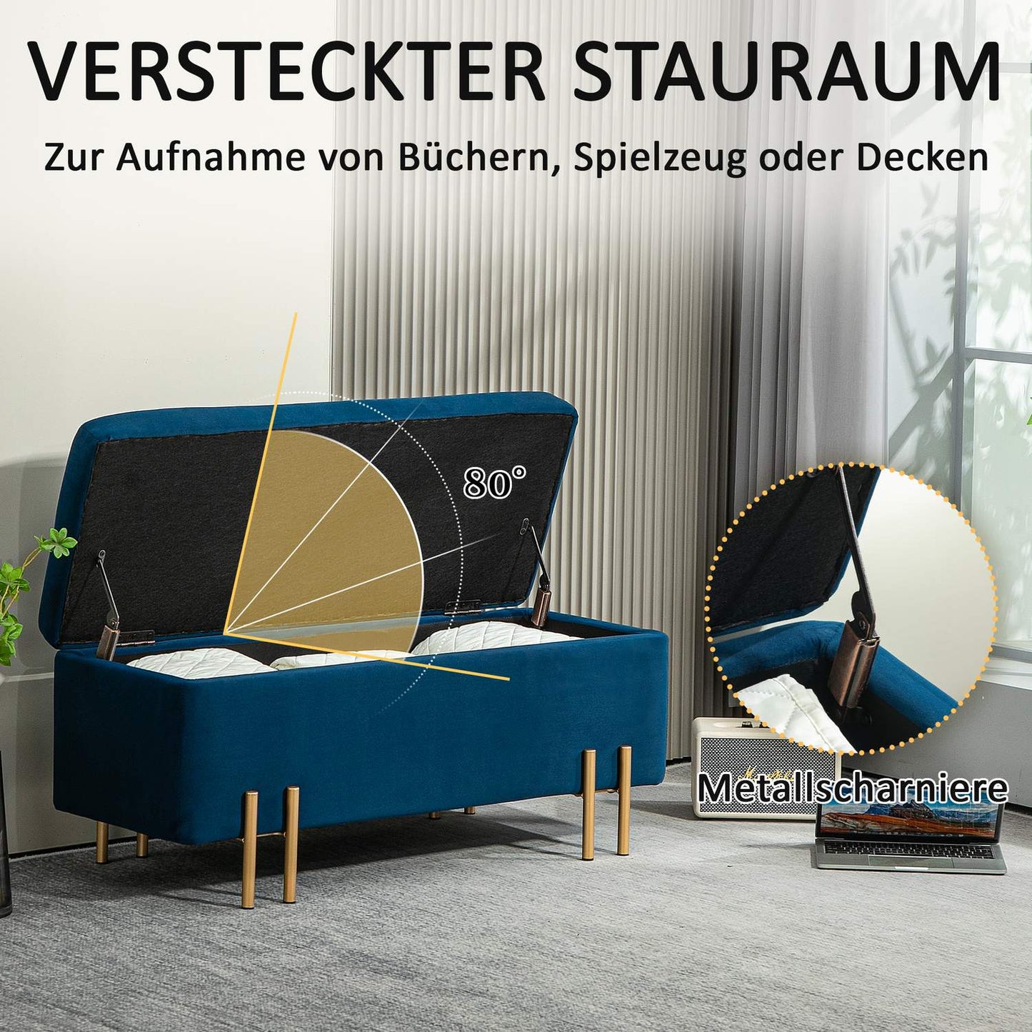 Upholstered storage bench, dark blue, 100x40x42 cm