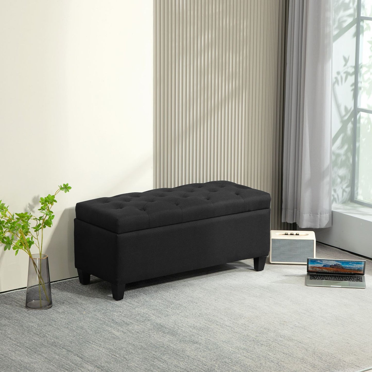 Black upholstered storage bench - 100x40x44 cm, linen-like polyester