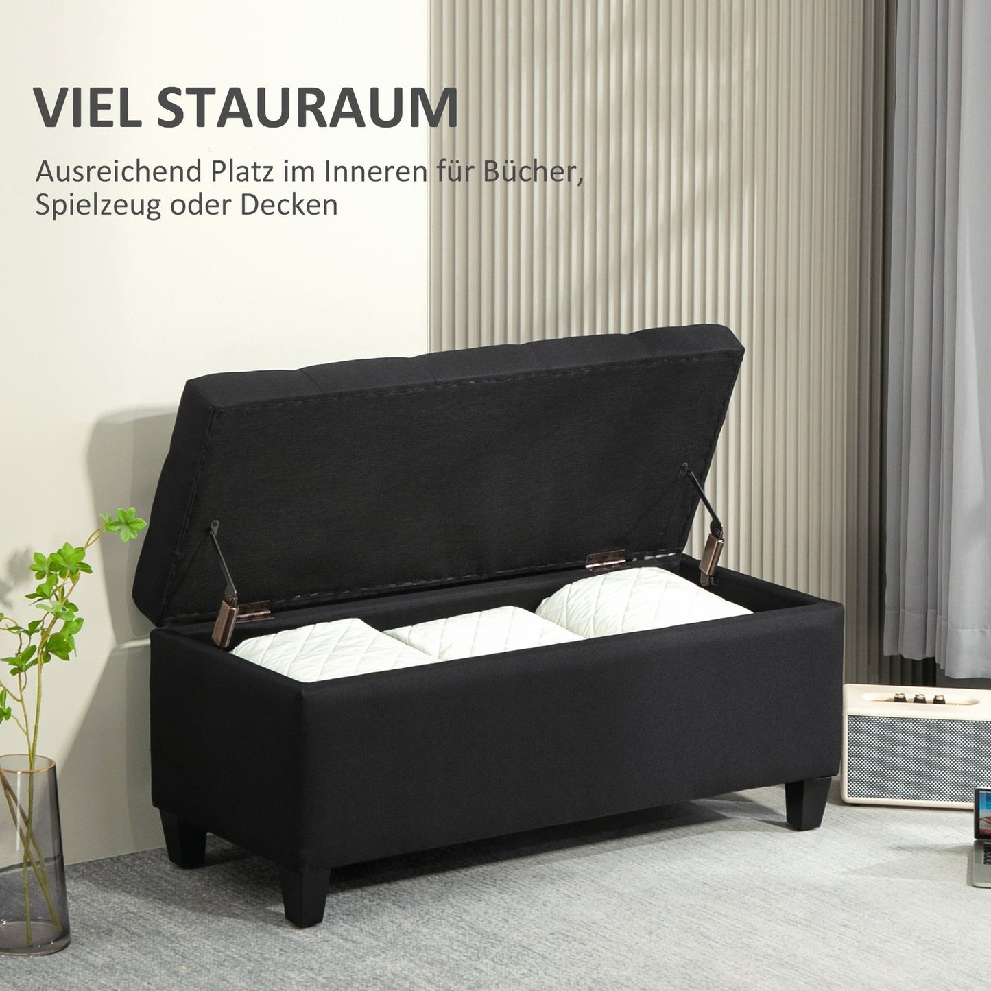 Black upholstered storage bench - 100x40x44 cm, linen-like polyester
