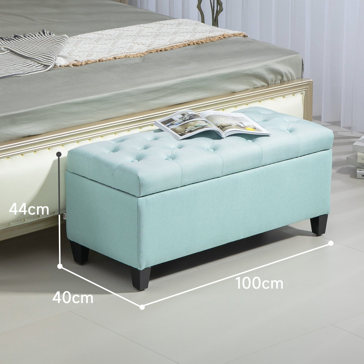 Green upholstered storage bench - 100 x 40 x 44 cm