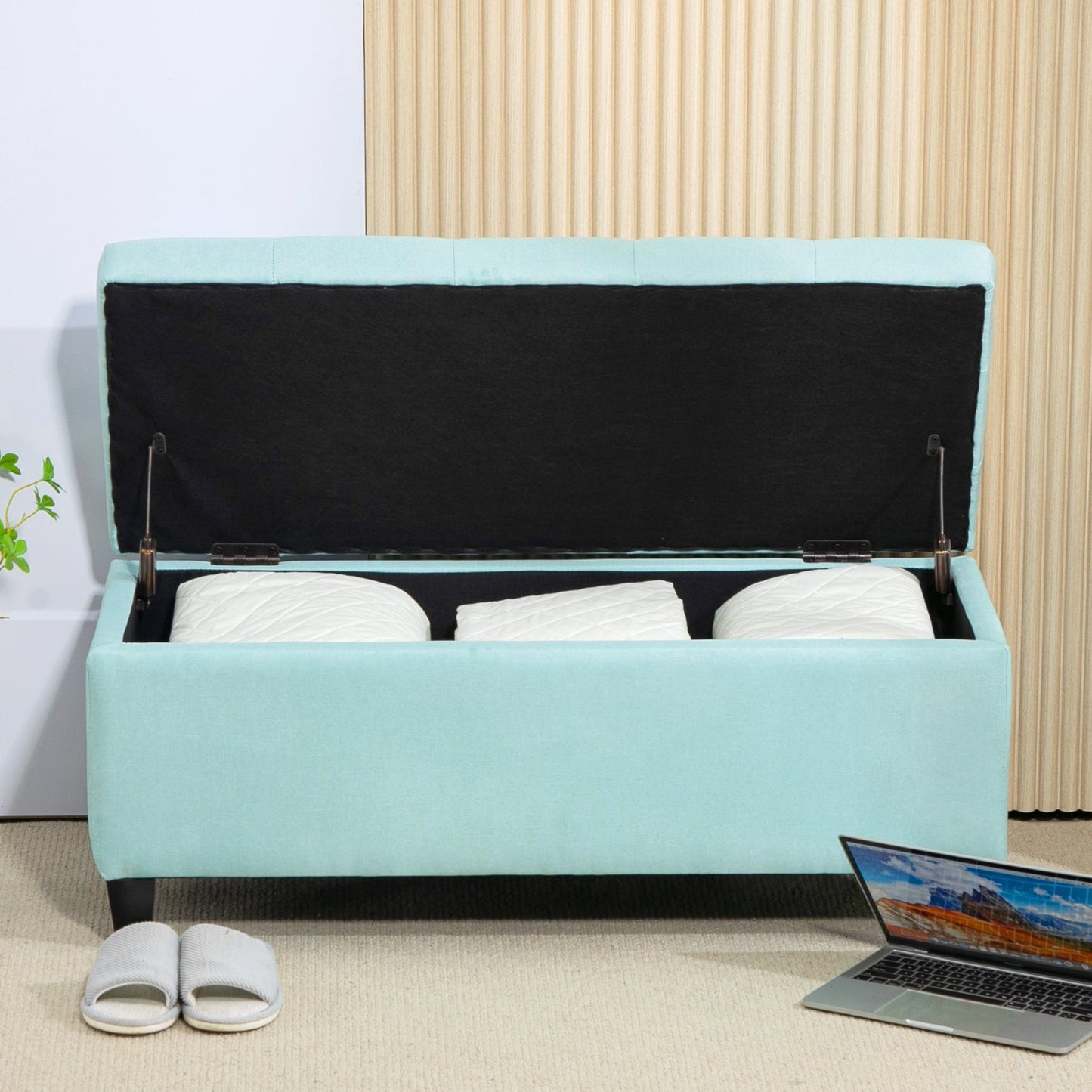 Green upholstered storage bench - 100 x 40 x 44 cm