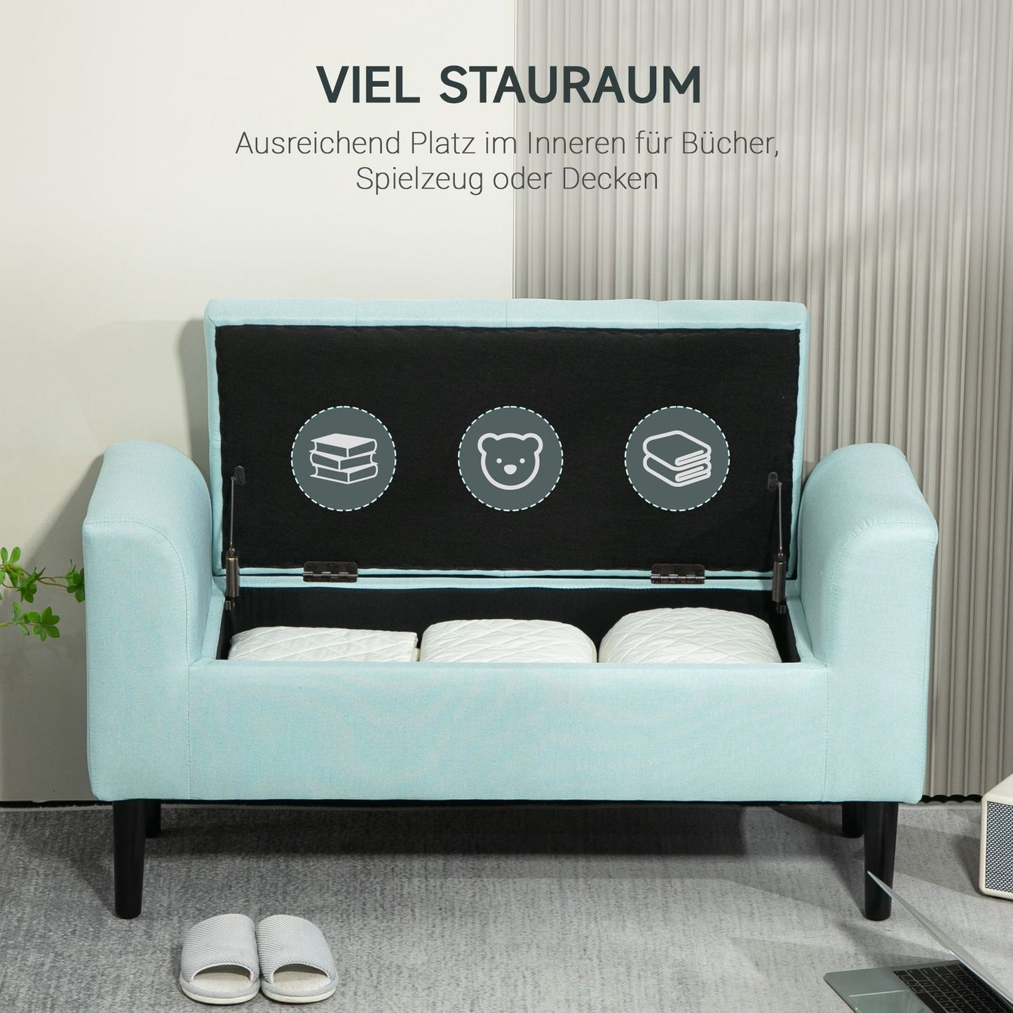 Green upholstered storage bench - 100 x 40 x 44 cm