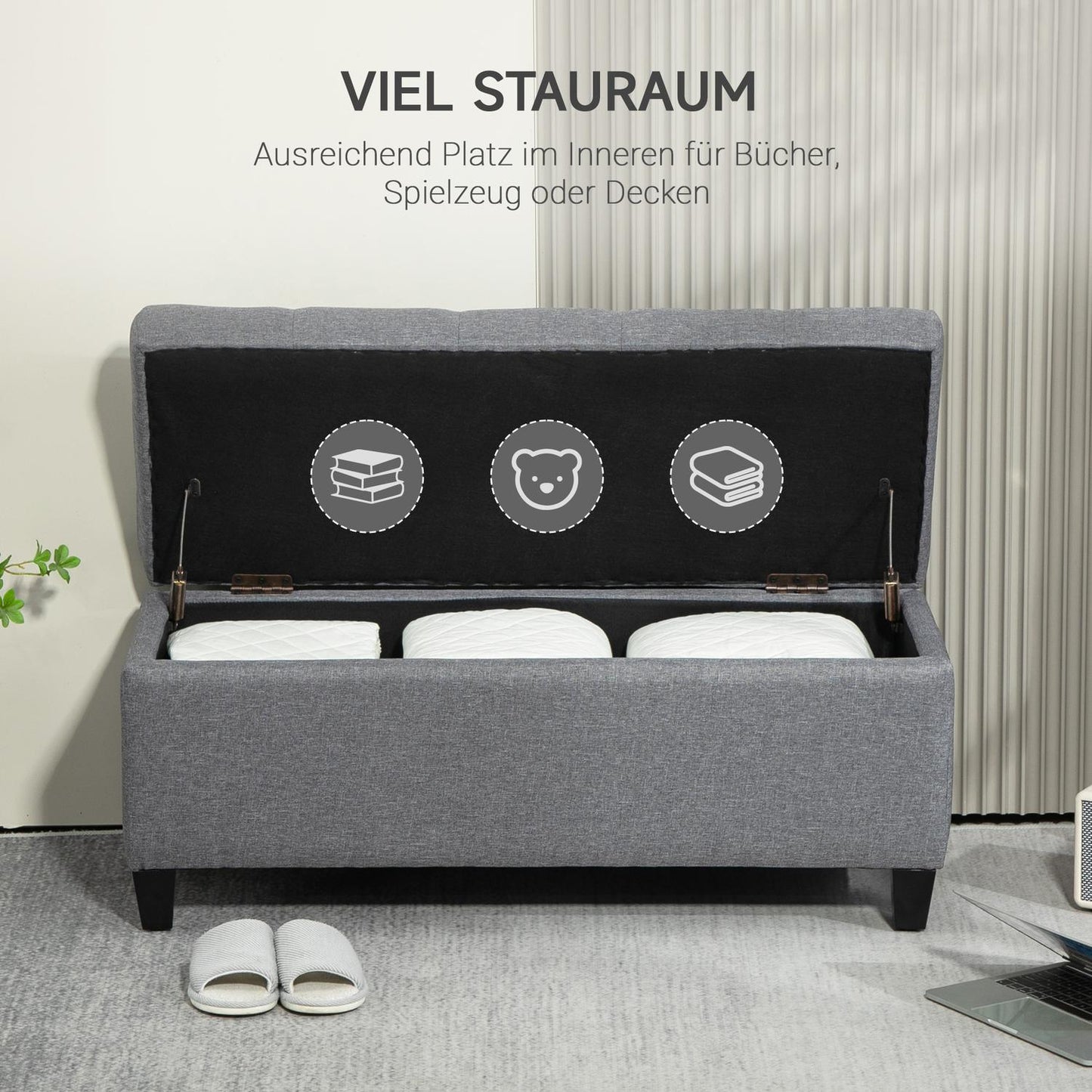 Light gray upholstered storage bench - 100 x 40 x 44 cm