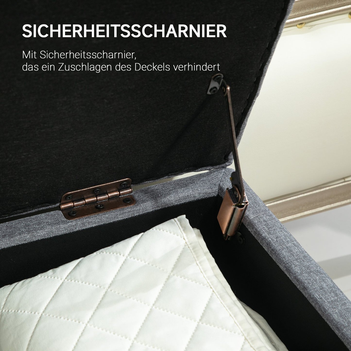 Light gray upholstered storage bench - 100 x 40 x 44 cm