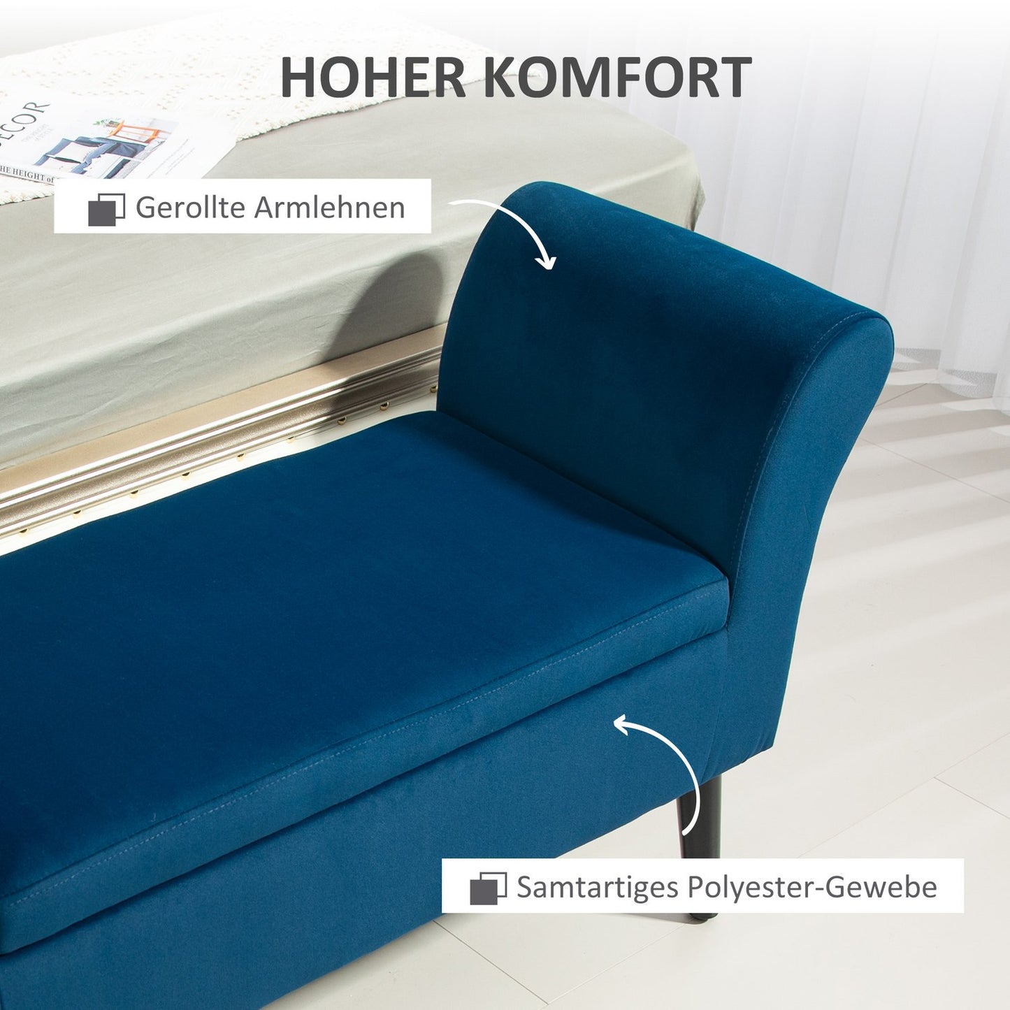 Velvet-covered storage bench with armrests, dark blue