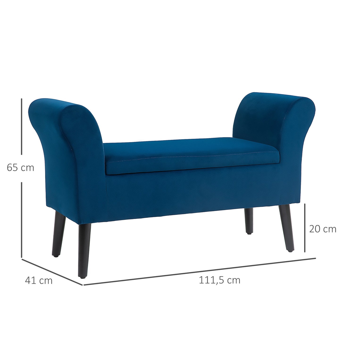 Velvet-covered storage bench with armrests, dark blue