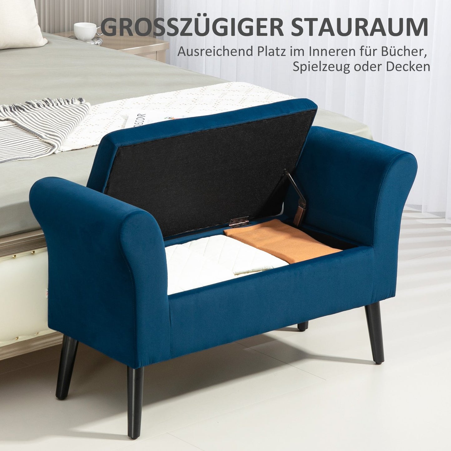 Velvet-covered storage bench with armrests, dark blue