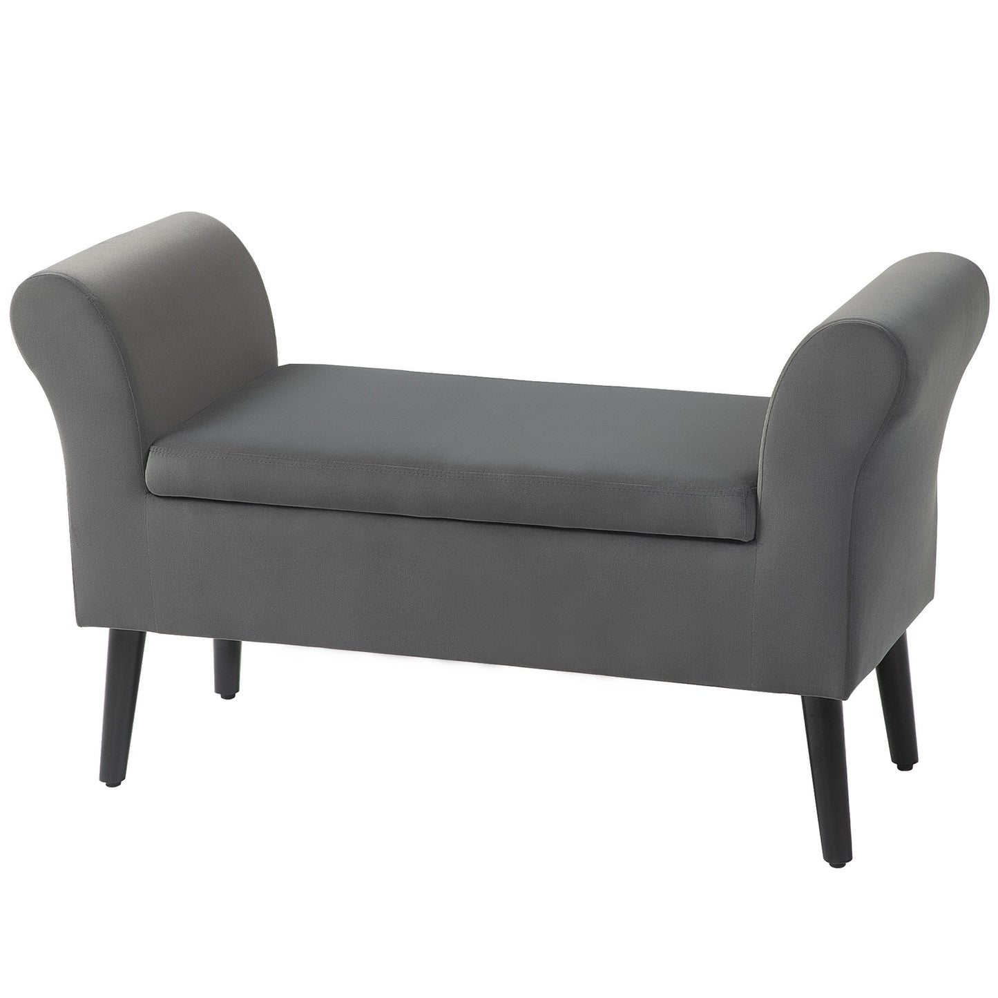 Upholstered dark gray bench with storage, armrests - 46 cm seat height