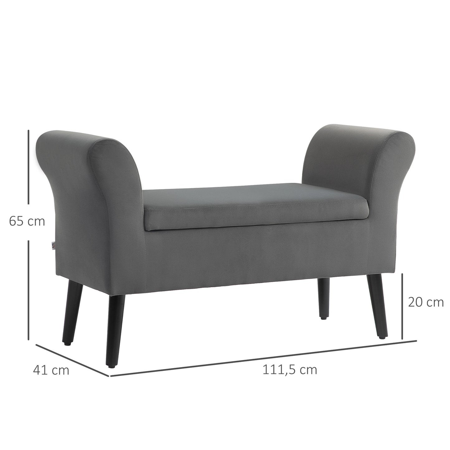 Upholstered dark gray bench with storage, armrests - 46 cm seat height