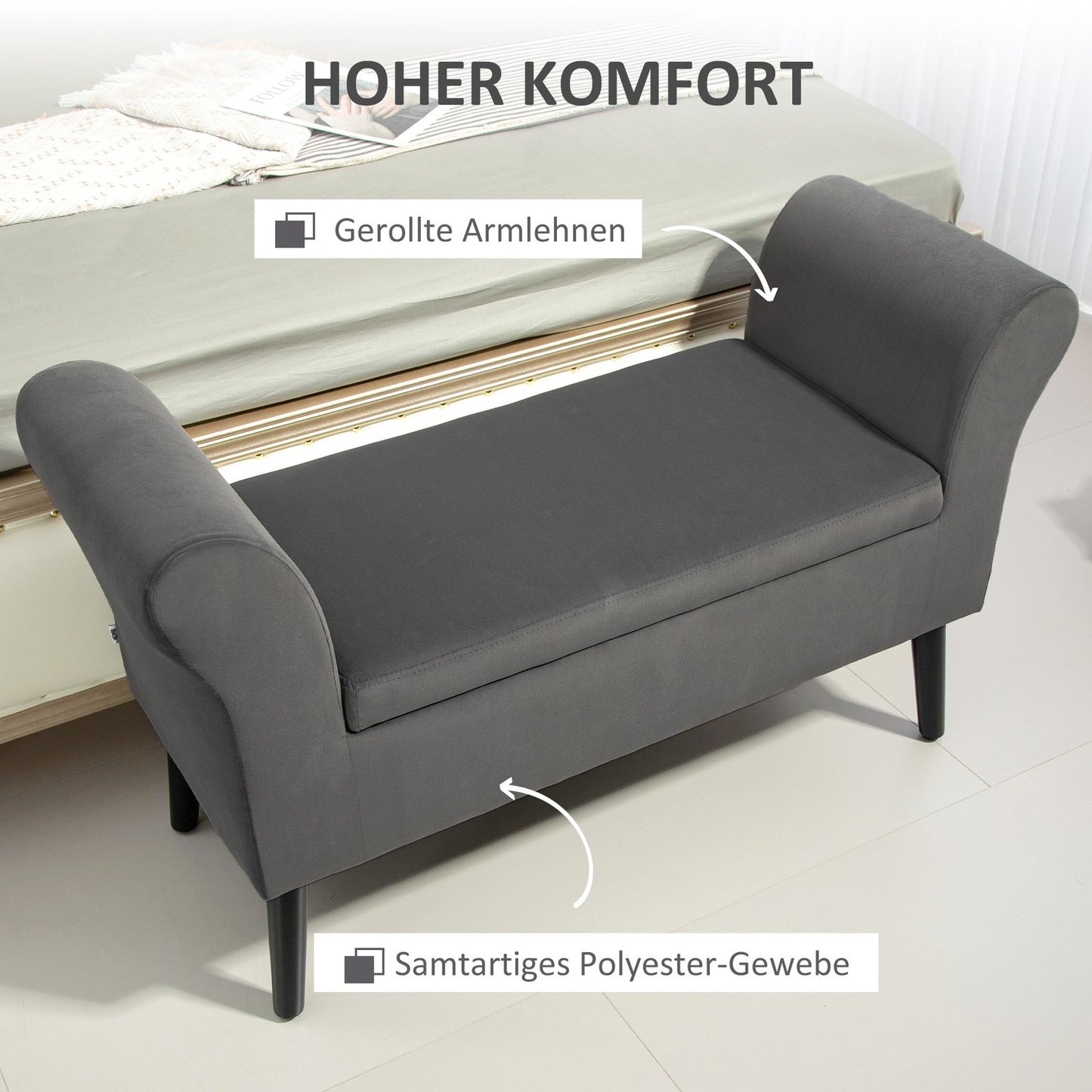 Upholstered dark gray bench with storage, armrests - 46 cm seat height