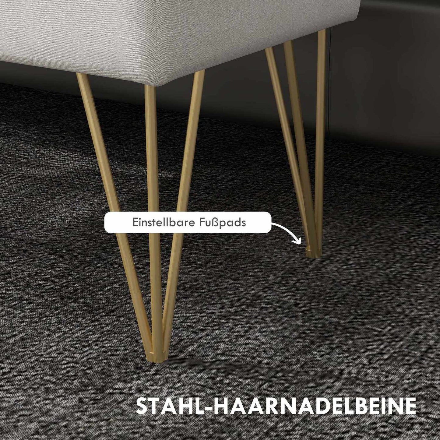 Cream covered storage bench - Linen, steel legs, 100x40x49 cm