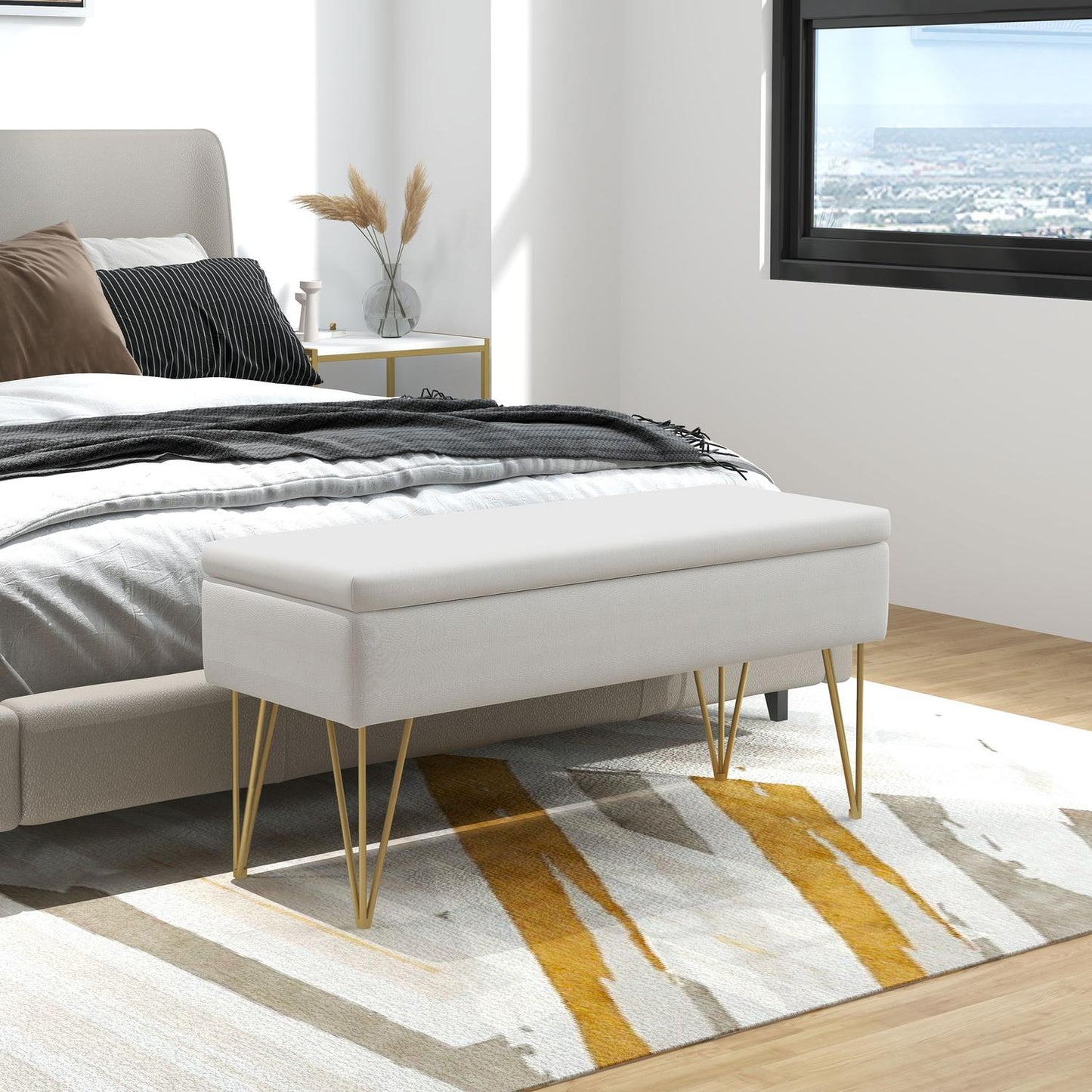 Cream covered storage bench - Linen, steel legs, 100x40x49 cm